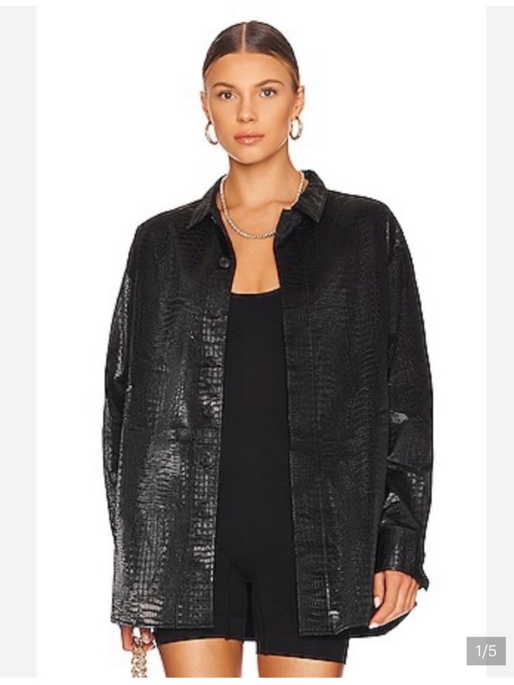 Favorite Daughter Brady Croc Embossed Faux Leather Shirt Jacket Black XS